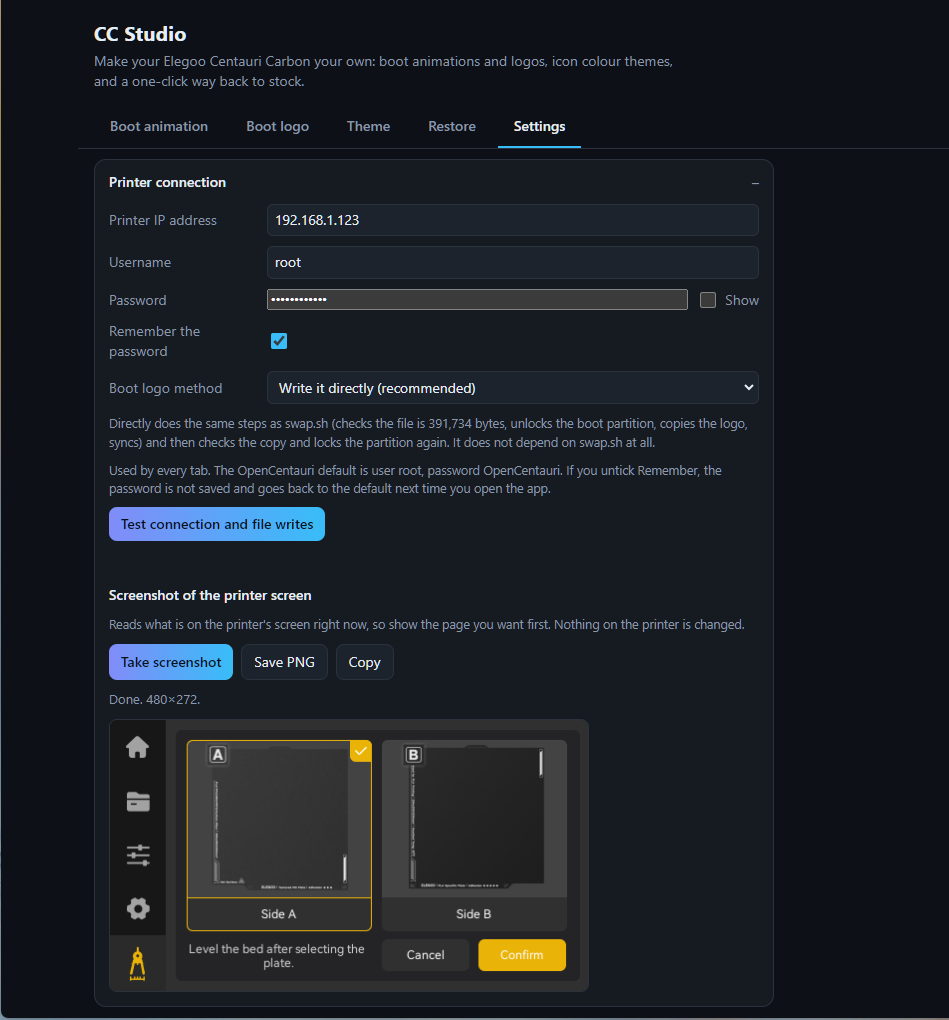Settings tab with screenshot
